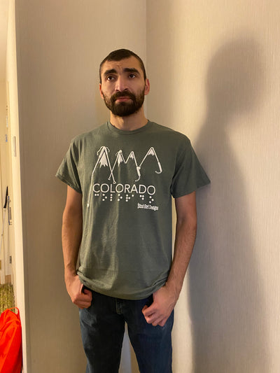 New! 3D Colorado mountains of white canes with Braille- olive tee