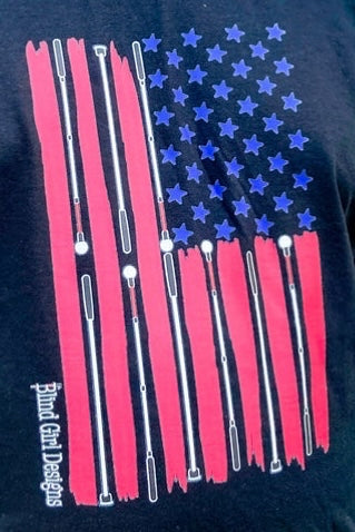 This red, white and blue print is a uniquely designed American flag and has white canes in place of the white stripes between hand-drawn red stripes and perfectly placed 50 blue stars. 
