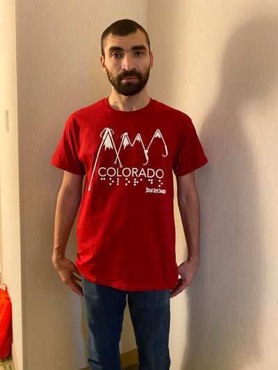 New! 3D Colorado mountains of white canes with Braille- Red tee