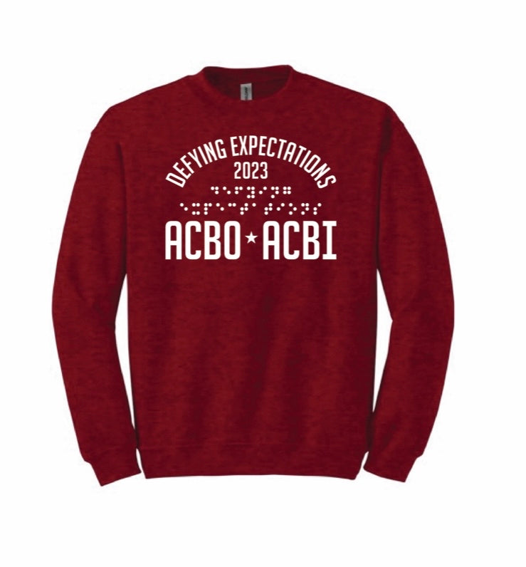 [Description: The sweatshirt is a darker red color with a 9.75 x 12 inch rectangle print. The ink is white 3-D tactile puff Ink. In an arch across the entire print, says the words, proudly “Defying Expectations” Immediately below this arch of words is the date 2023. Across the entire print at the bottom are large capital  letters ACBO • ACBI]