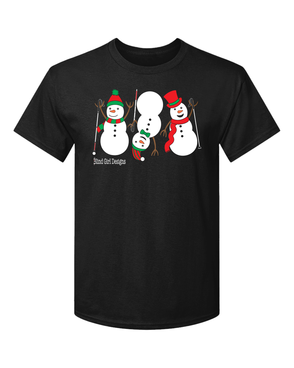 3 Dancing Snowmen with White Canes T-Shirt in Black