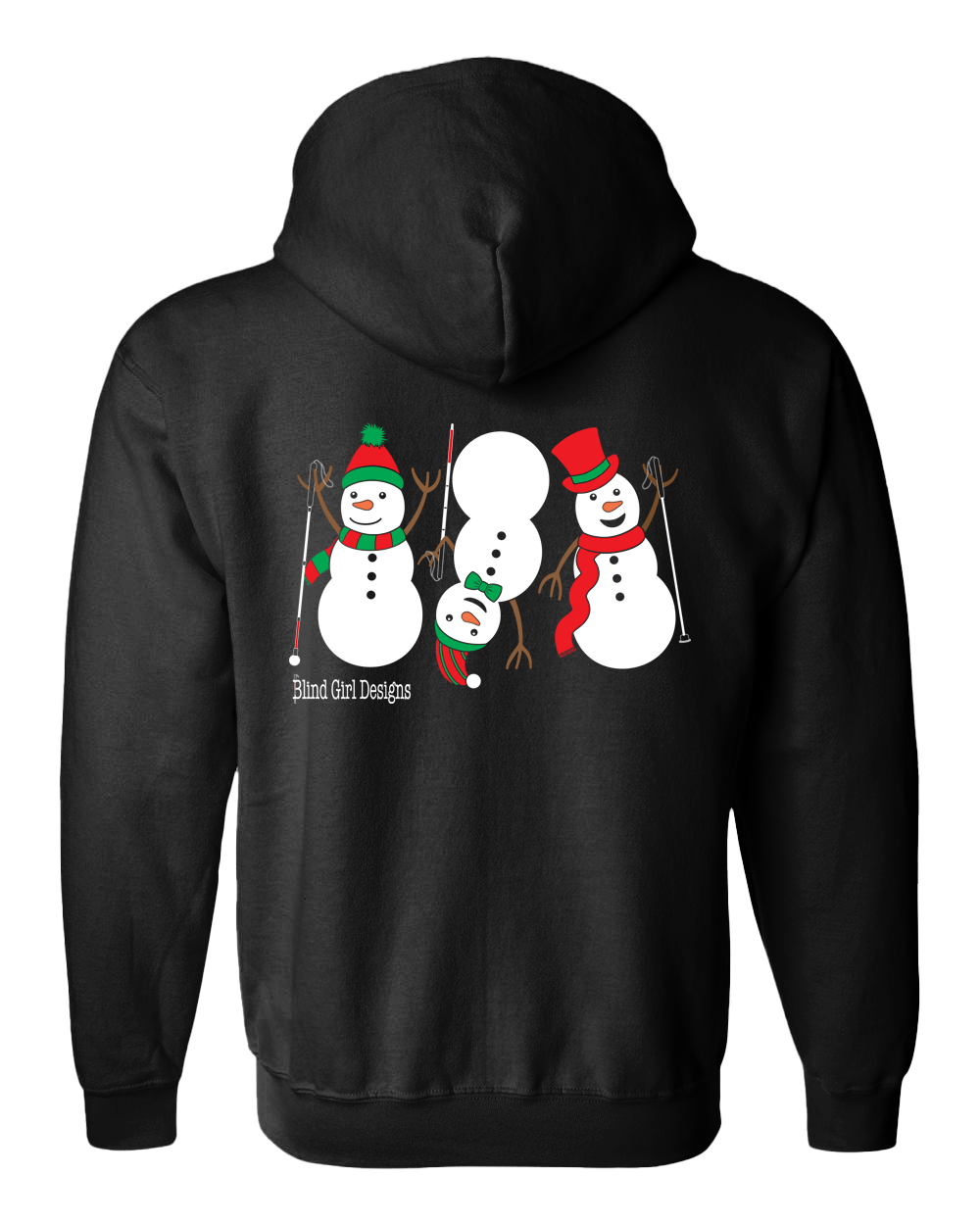 Back of 3 Dancing Snowmen with White Canes Zip Hoodie in Back