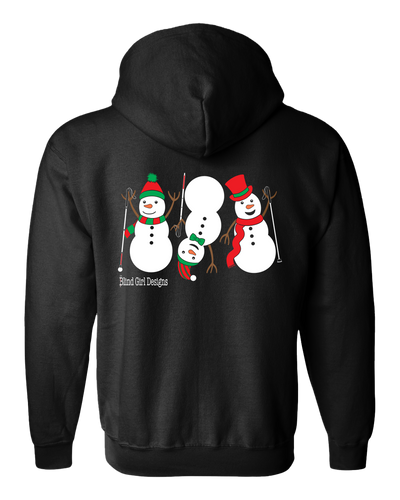 Back of 3 Dancing Snowmen with White Canes Zip Hoodie in Back
