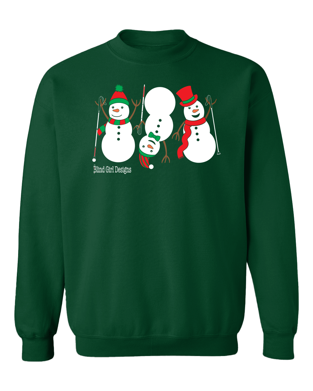 3 Dancing Snowmen with White Canes Crewneck Sweatshirt - Deep Forest Green