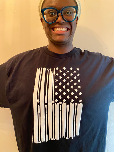 New! 3D American Flag T-Shirt Black with white ink