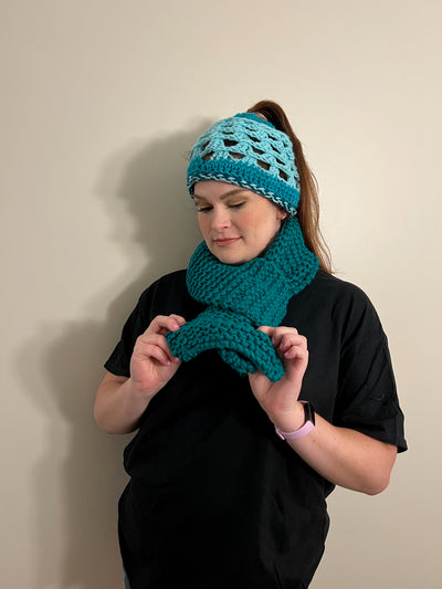 Handmade Hat and scarf set teal blue and variegated, teal ponytail, crocheted cap