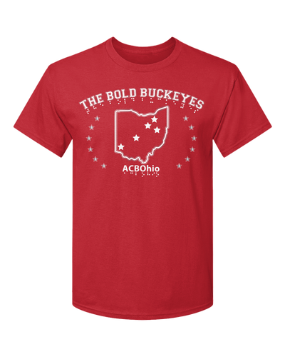 The design on this red t-shirt features white tactile puff ink in the outline of the state of Ohio with six stars in a half circle on either side. There are five stars within the state outline marking cities within Ohio. Above the stars and state outline reads THE BOLD BUCKEYES with braille under each letter. Under the state and stars is ACB OHIO with braille under each letter.