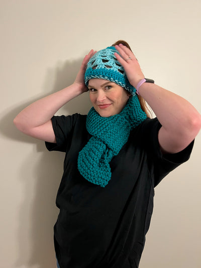 Handmade Hat and scarf set teal blue and variegated, teal ponytail, crocheted cap