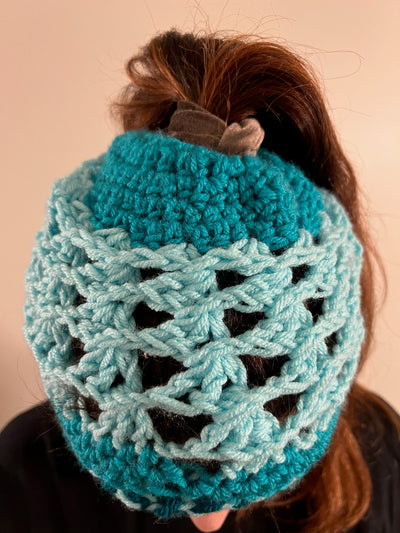 Handmade Hat and scarf set teal blue and variegated, teal ponytail, crocheted cap