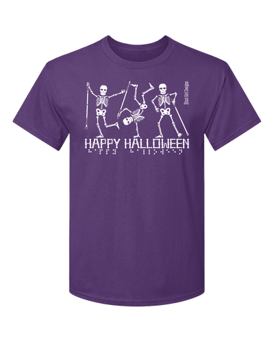 New! Dancing Skeletons Happy Halloween 3-D Glow-in-the-Dark T-Shirt - Purple