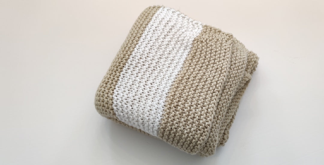 Big Chunky Handknit Blanket  Pretty Tan and White wide stripes by Linda