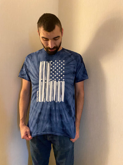 New! 3D  Tactile American Flag Tie-Dyed T-Shirt - navy to deep blue