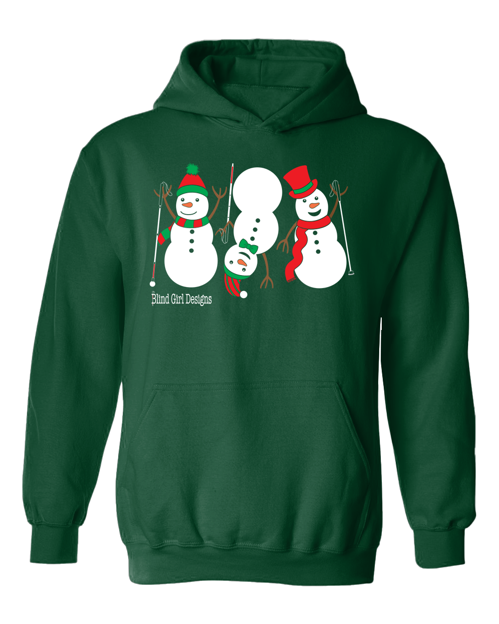 3 Dancing Snowmen with White Canes Hoodie in Dark Green