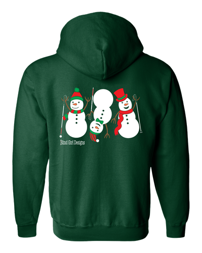 Back of 3 Dancing Snowmen with White Canes Zip Hoodie in Dark Green