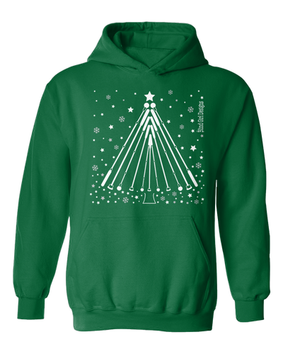 A tactile winter white tree print is delightful on a deep forest green hoodie. The print is formed by 11 white cane‘s angled to a tip at the top, forming a big sweep at the bottom. Above the tree is a tactile little star. Surrounding the tree are little tactile stars, floating from the sky, and in between the stars are silver snowflakes. 