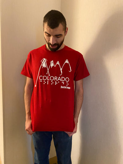 New! 3D Colorado mountains of white canes with Braille- Red tee