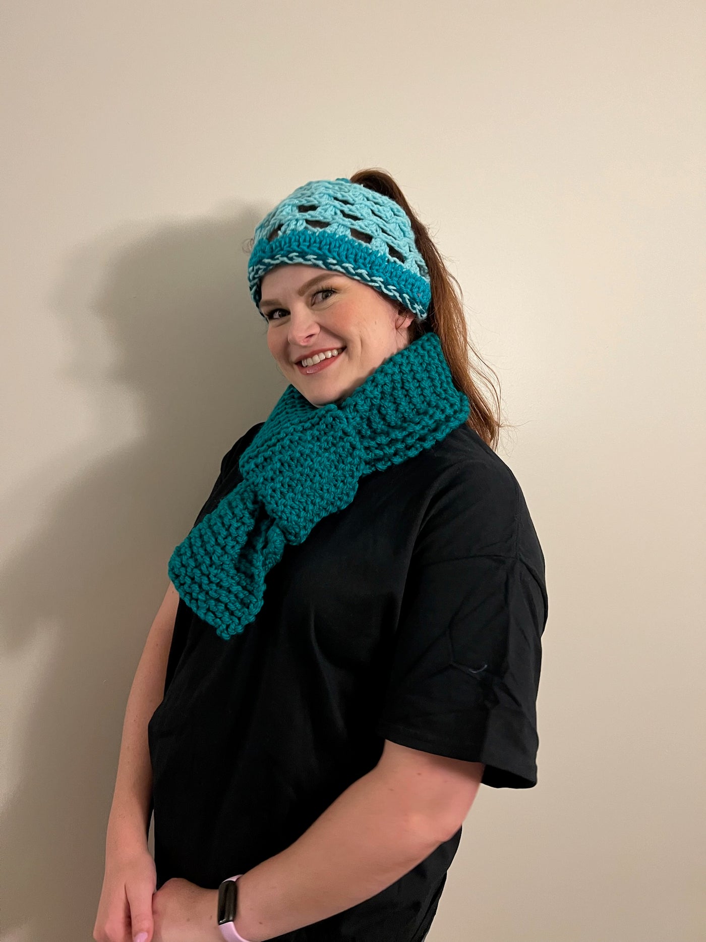 Handmade Hat and scarf set teal blue and variegated, teal ponytail, crocheted cap