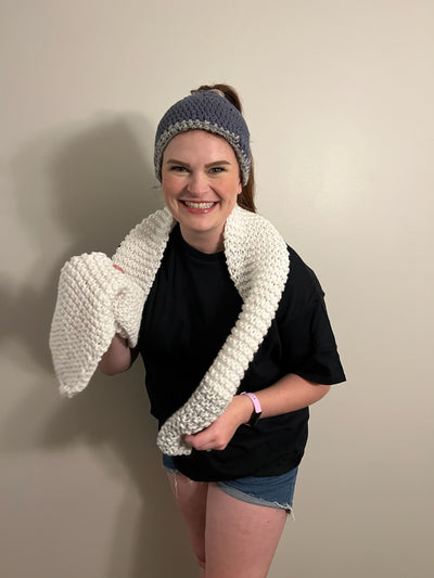 Handmade Hat and scarf set  grey and cream scarf and ponytail hat