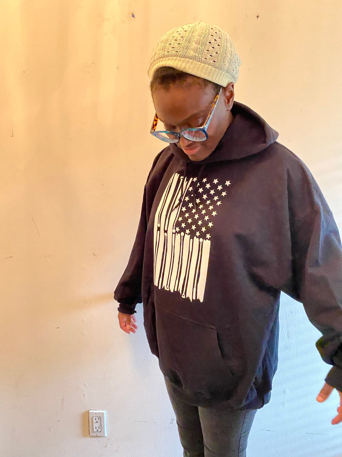 New! 3D Tactile American Flag White Cane Hoodie - Black