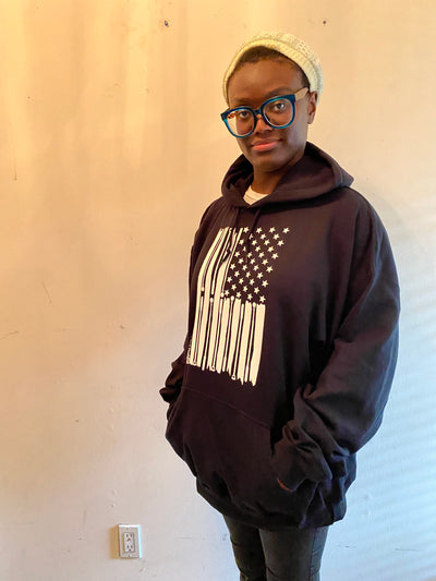 New! 3D Tactile American Flag White Cane Hoodie - Black