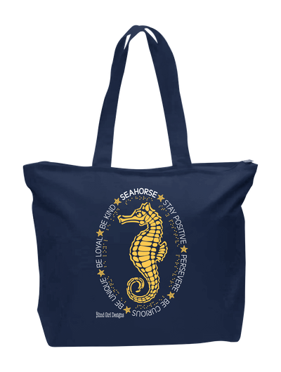 Beautiful 3D Seahorse Zip Totebag  - navy Blue - Ship to home
