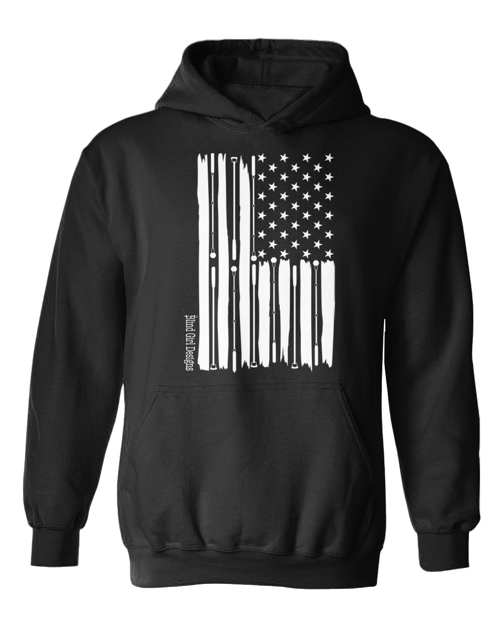 New! 3D Tactile American Flag White Cane  Zipper Hoodie - Black- Best Seller!