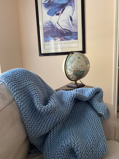 Big Chunky Handknit Blanket Soft Dusty Blue by Linda, a blind Artisan
