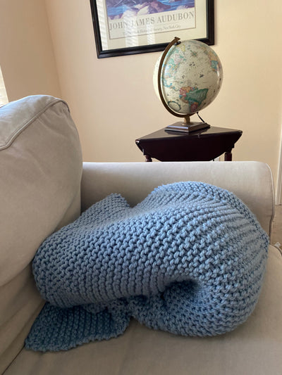 Big Chunky Handknit Blanket Soft Dusty Blue by Linda, a blind Artisan