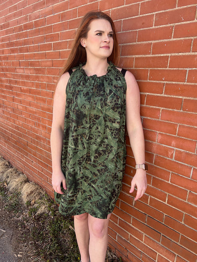 Sale! Olive Green Forest Print Sleeveless Pocketed Swing Dress