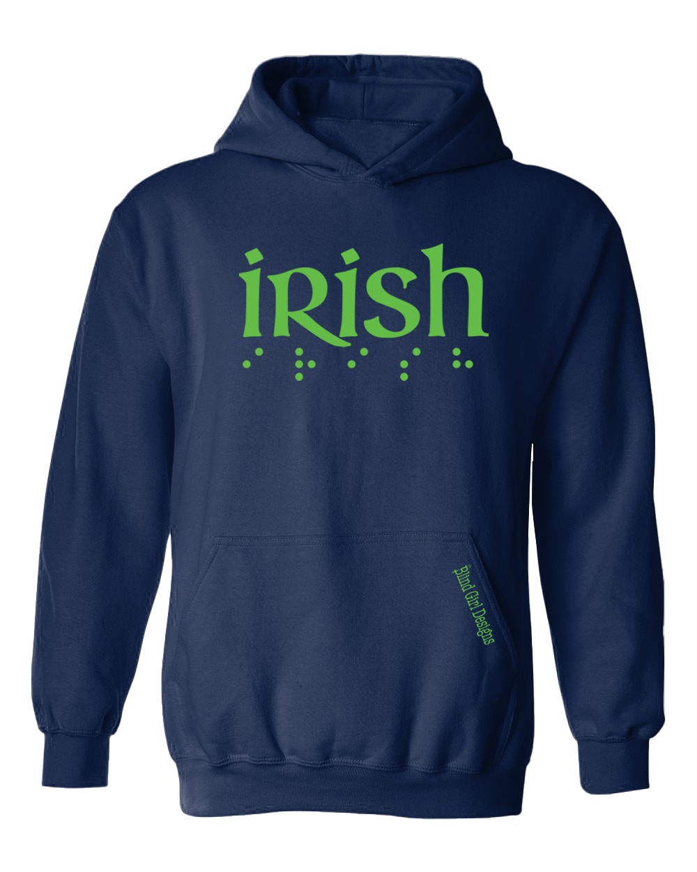 IRISH written in Celtic font with braille under each letter. On a navy blue hoodie.