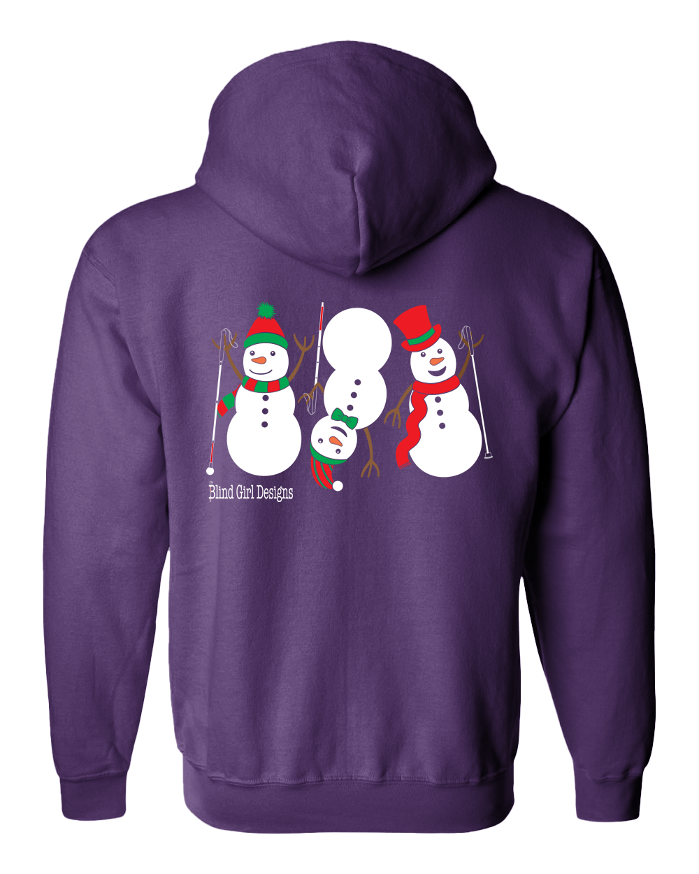 Back of 3 Dancing Snowmen with White Canes Zip Hoodie in Purple