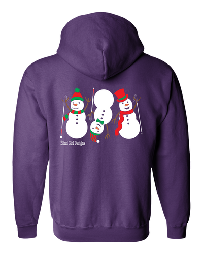 Back of 3 Dancing Snowmen with White Canes Zip Hoodie in Purple