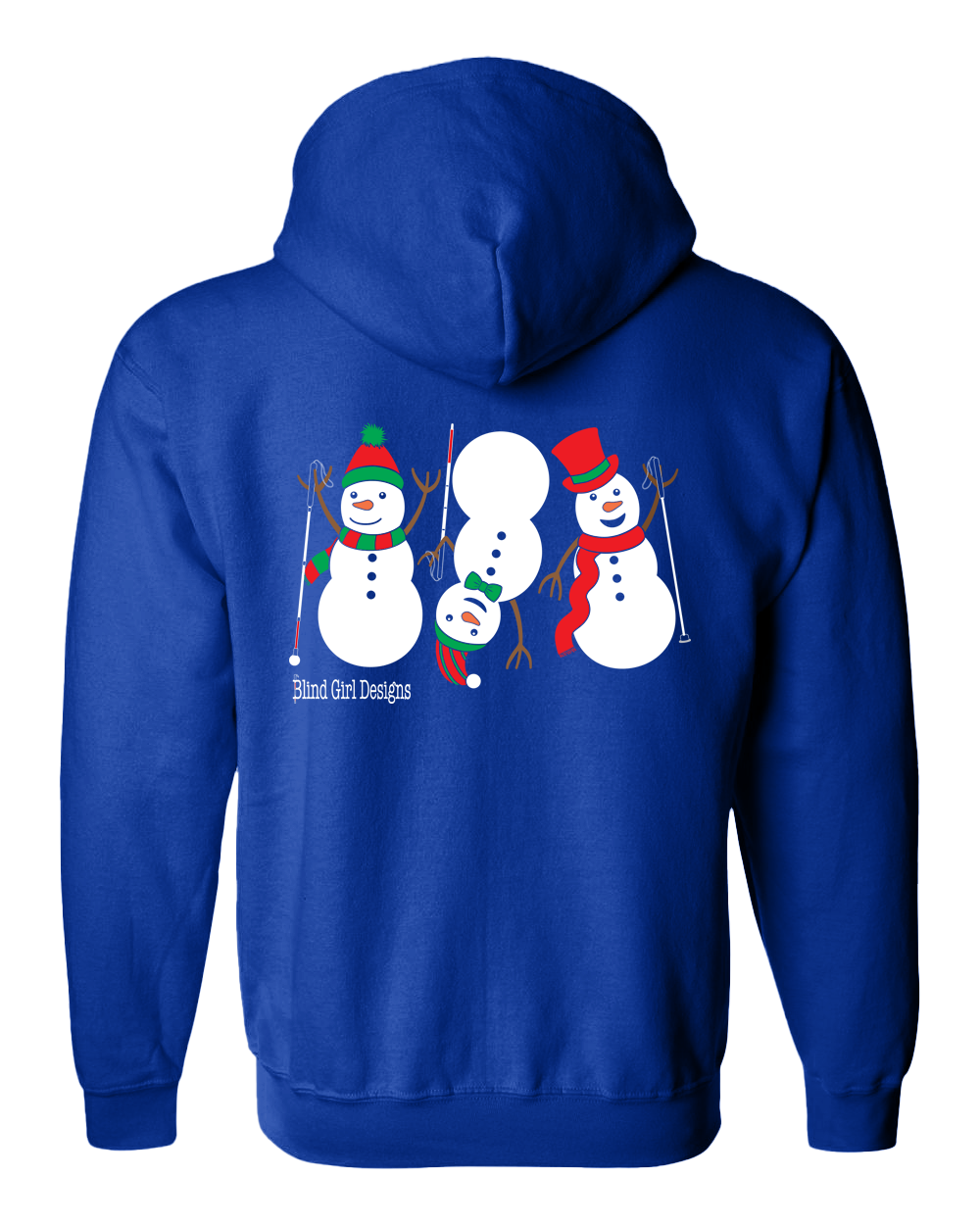 Back of 3 Dancing Snowmen with White Canes Zip Hoodie in Royal Blue