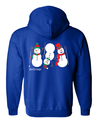Back of 3 Dancing Snowmen with White Canes Zip Hoodie in Royal Blue