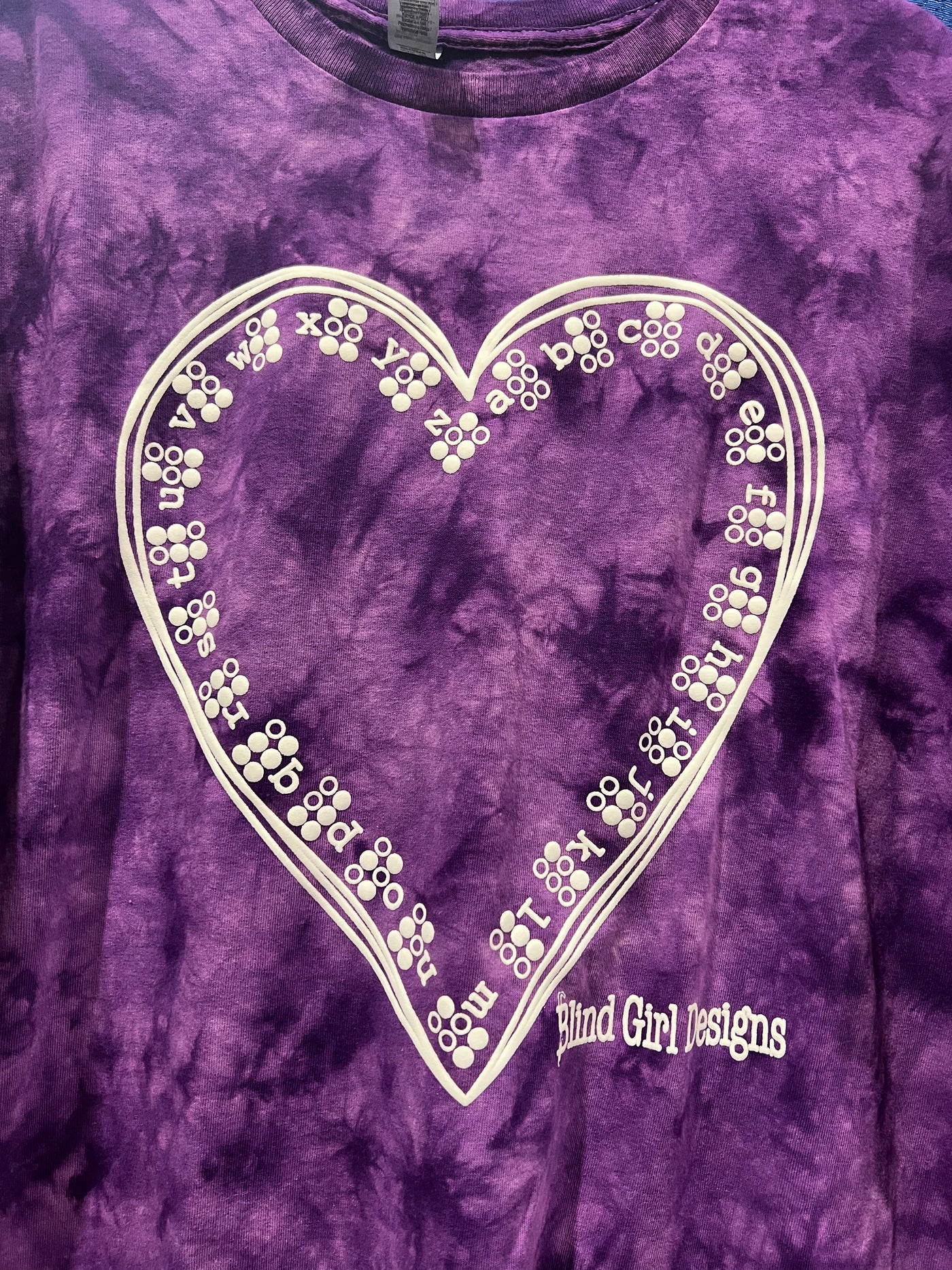 Braille Hearts T-Shirt - Dark and Light Purple Tie-Dyed