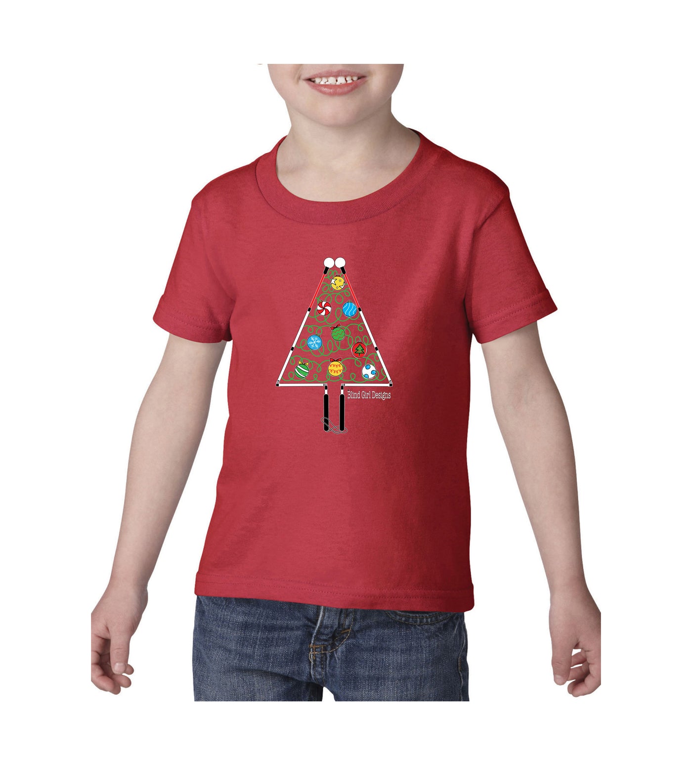 Kids and Toddlers Christmas Tree White Cane T-Shirt - Red