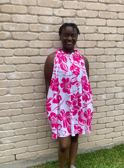 Somewhere Sunny Pink Flower Print Pocketed Swing Dress