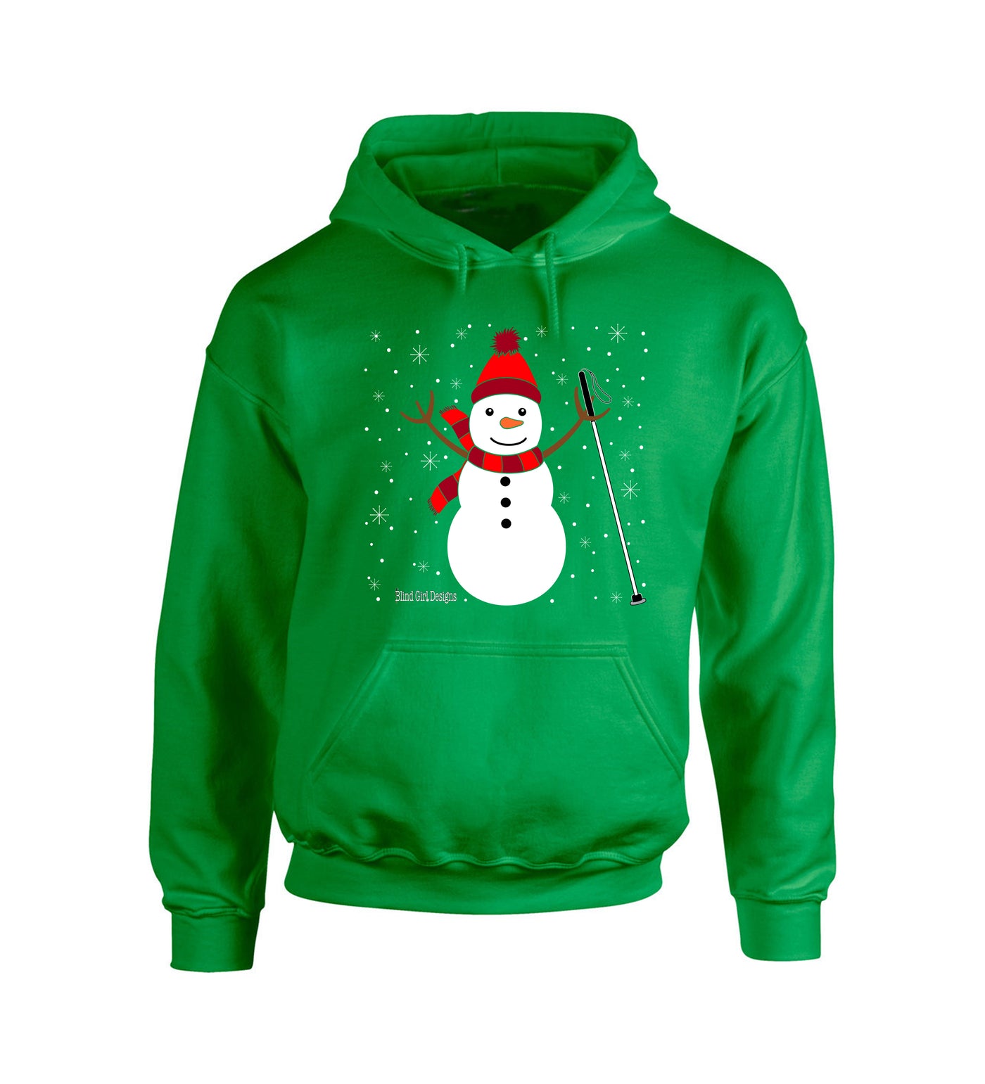 This green hoodie has a big pouch pocket. There is a large chest print of a white snowman in the center. The snowman has three black buttons on the chest, two black charcoal eyes, and a carrot for a nose. There is a red scarf around his neck and a fluffy red cap with a big pom-pom on the top. The snowman has brown branches for arms and in his right branch arm is a long white cane with a metal tip. The festive background is swirls of little tiny snowflakes in white.
