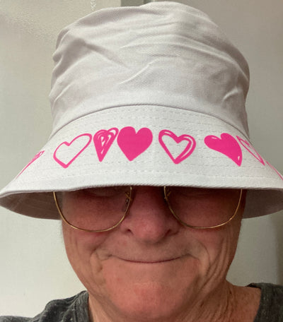 White Bucket Hat with Cute Pink Hearts