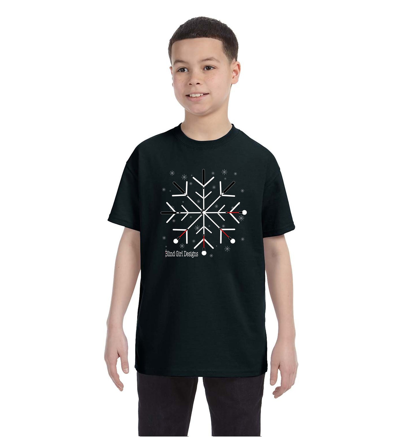 Kids and Toddlers Snowflake White Cane T-Shirt - Black