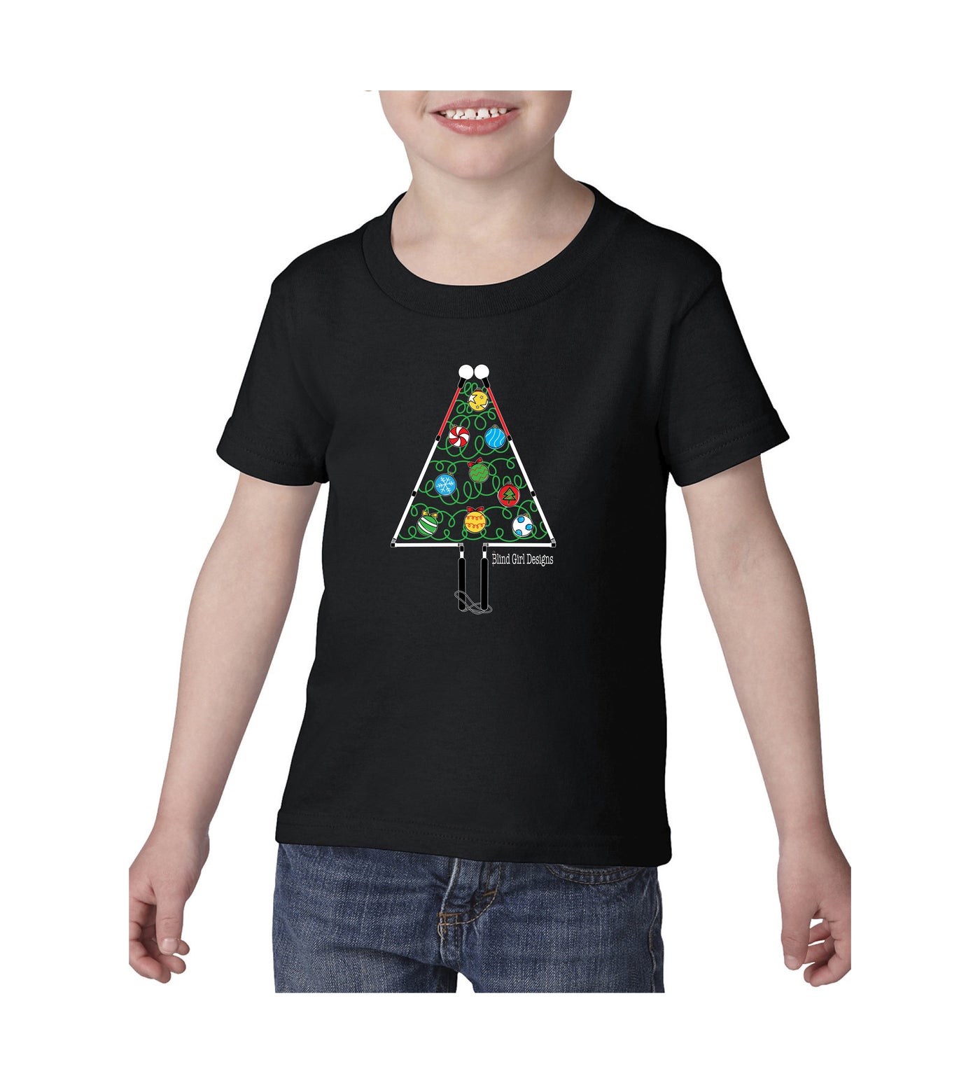 Kids and Toddlers Christmas Tree White Cane T-Shirt - Black