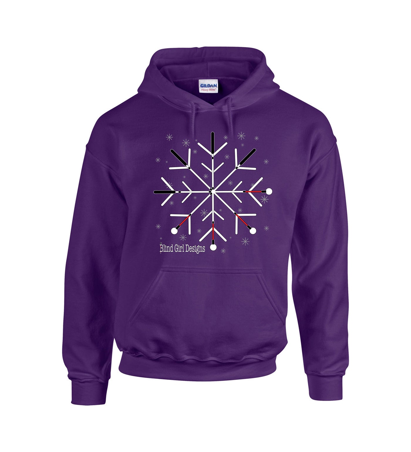 Purple classic, unisex sweatshirt. There is a large chest  print of a snowflake made of crossing blind canes. There are red and white canes to form the snowflake. There are tiny snowflakes sprinkled around the main snowflake. It is a standard sweatshirt fit with a large front pocket and large hood.